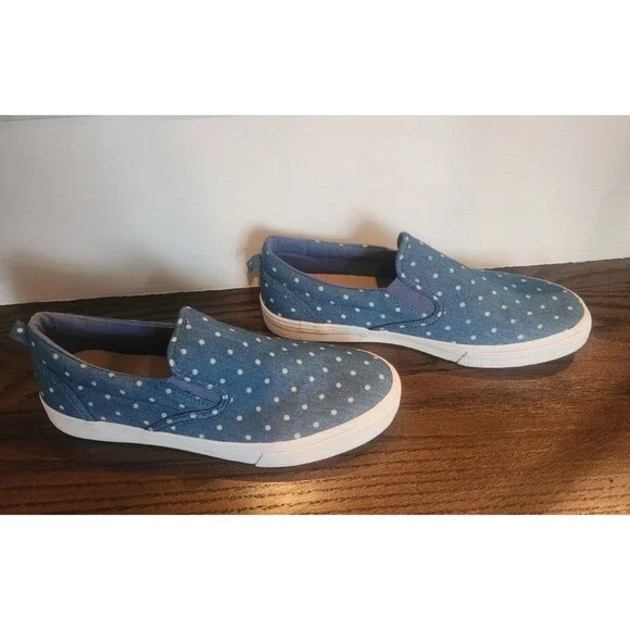NEW- 2 Pair Lot-GAP Kids Girls Slip-on Sneakers Blue Denim Polka Dot Print-5 & 3 - Picture 10 of 16